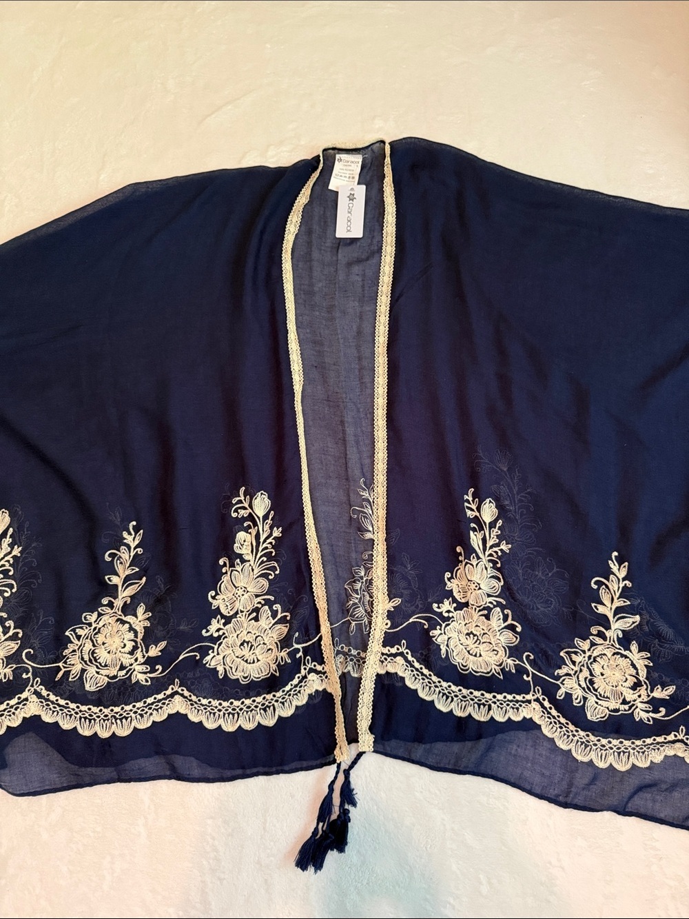 Caracol Navy Kimono with Crochet-Trim Sheer Open Cardigan